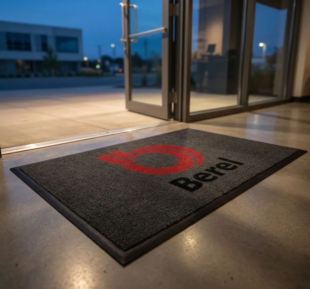 Tapete tipo alfombra con el logotipo de Berel en la entrada de una sucursal