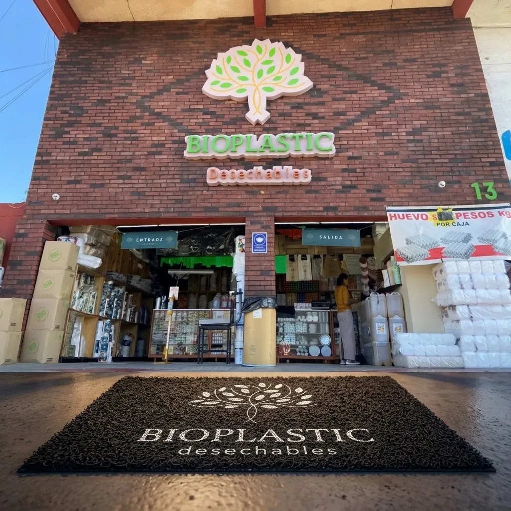 Tapete de rizo PVC con el logotipo de Bioplastic Desechables en la entrada de la tienda
